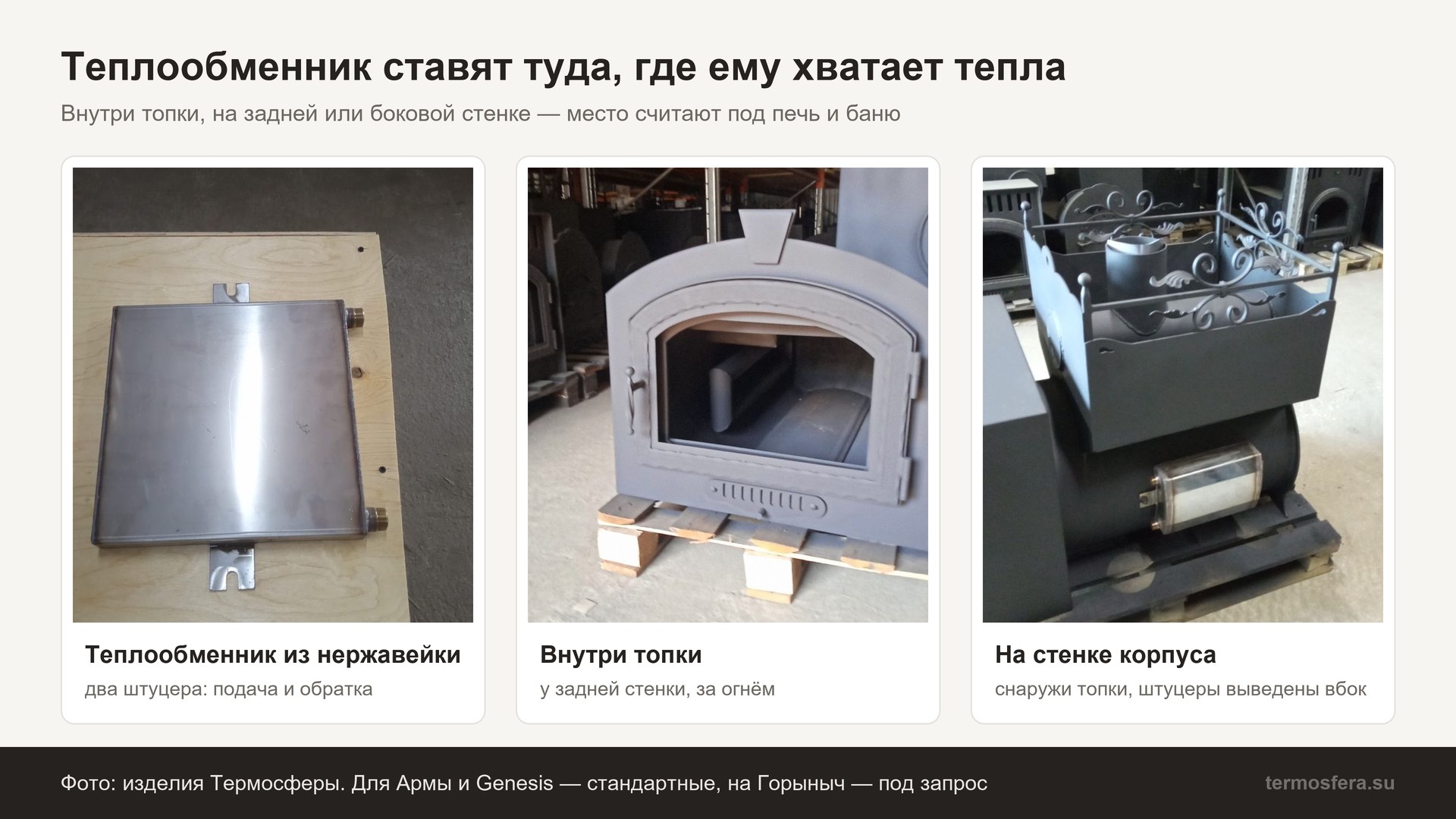 Теплообменник для банной печи из нержавеющей стали: изделие со штуцерами, теплообменник внутри топки и на стенке корпуса печи