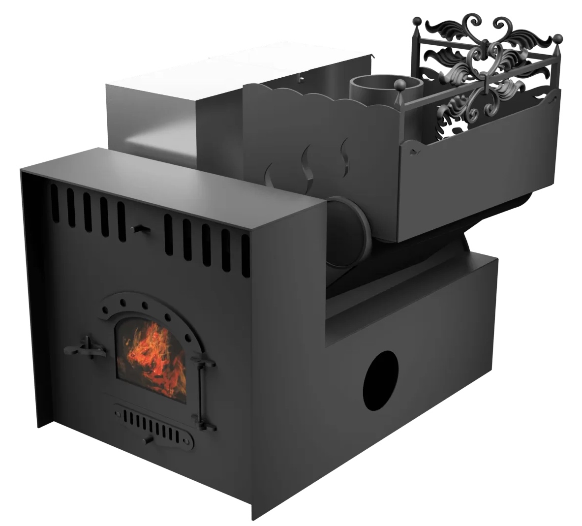 Печь Горыныч 3, каменка с правой стороны, малая дверь со стеклом, система воздушного отопления с порталом фото в Казани