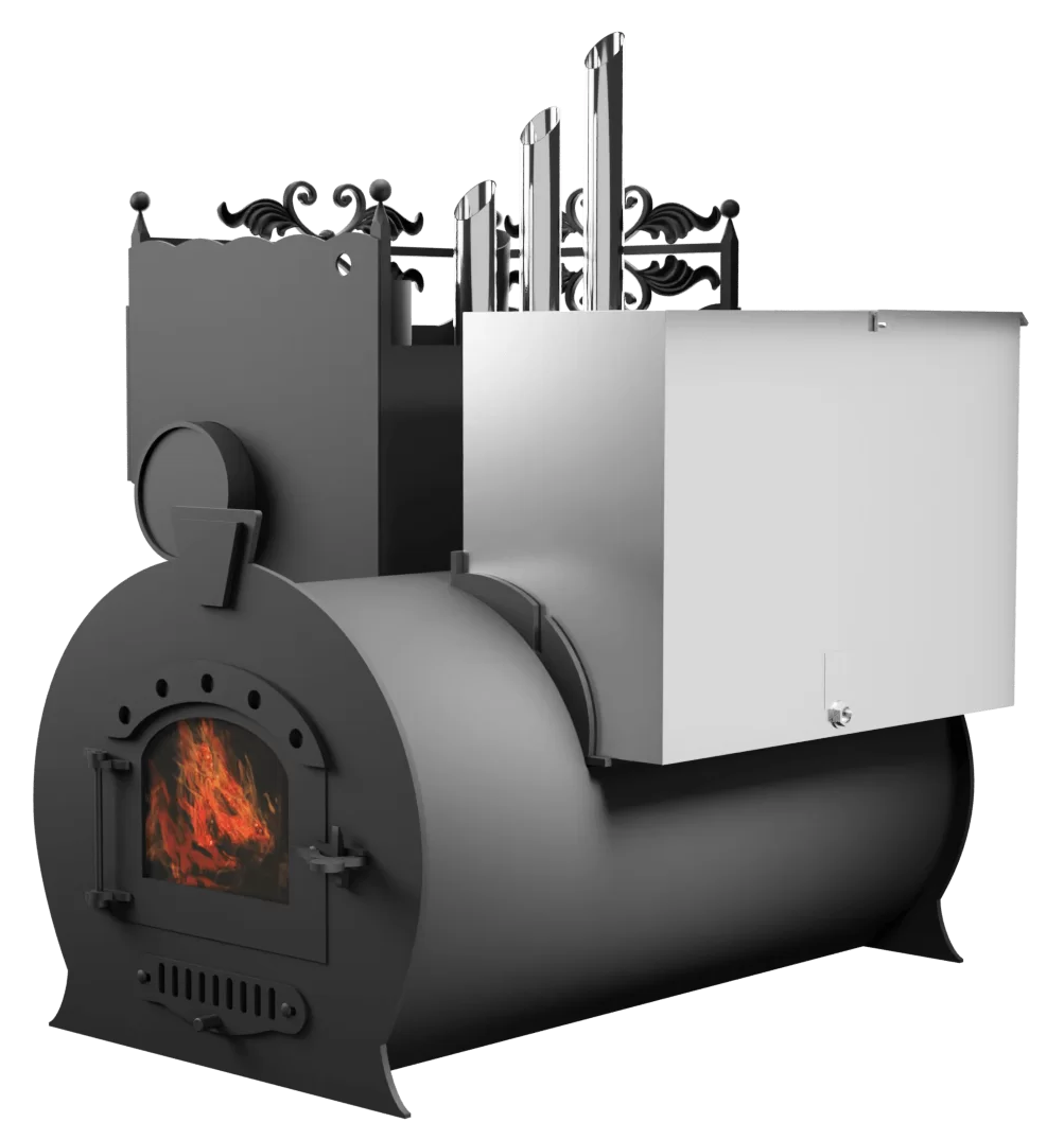 Печь Горыныч 3, каменка закрытая с парогенератором с левой стороны, малая дверь со стеклом фото в Казани