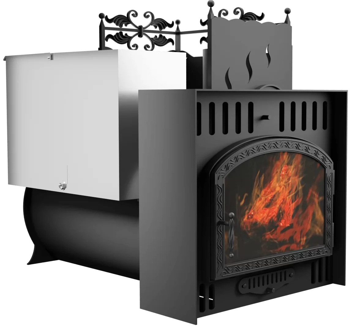 Печь Горыныч 3, каменка с правой стороны, большая дверь со стеклом, естественная система воздушного отопления фото в Казани