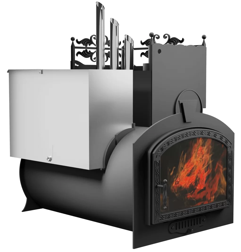 Печь Горыныч 3, каменка закрытая с парогенератором с правой стороны, большая дверь со стеклом фото в Казани