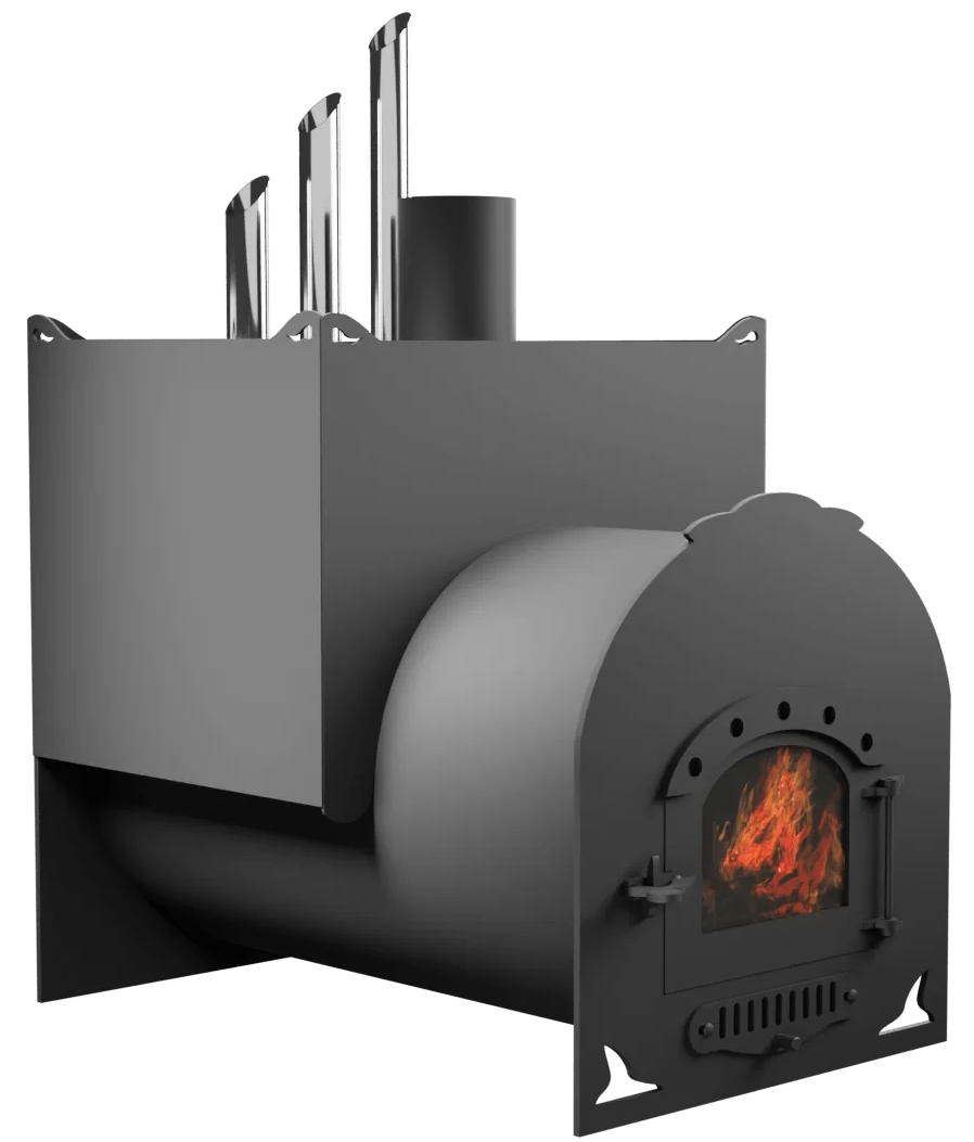 Печь Горыныч Мини, двойная каменка закрытая с парогенератором, малая дверь со стеклом фото в Казани